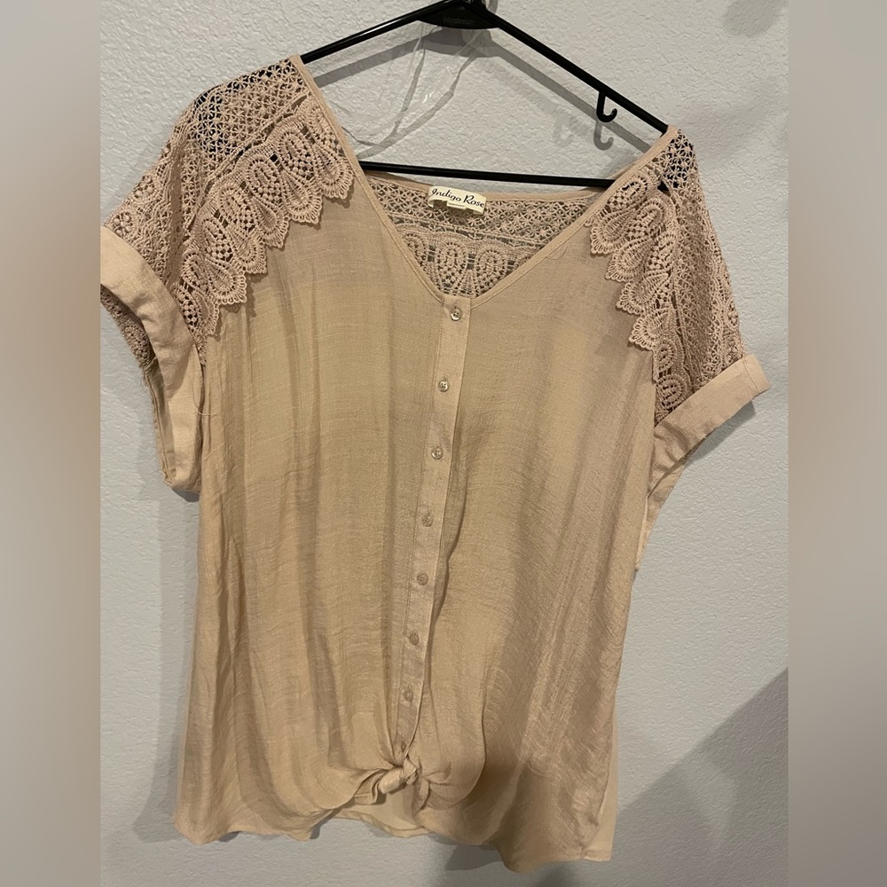 Tan Tie Front Blouse 2X